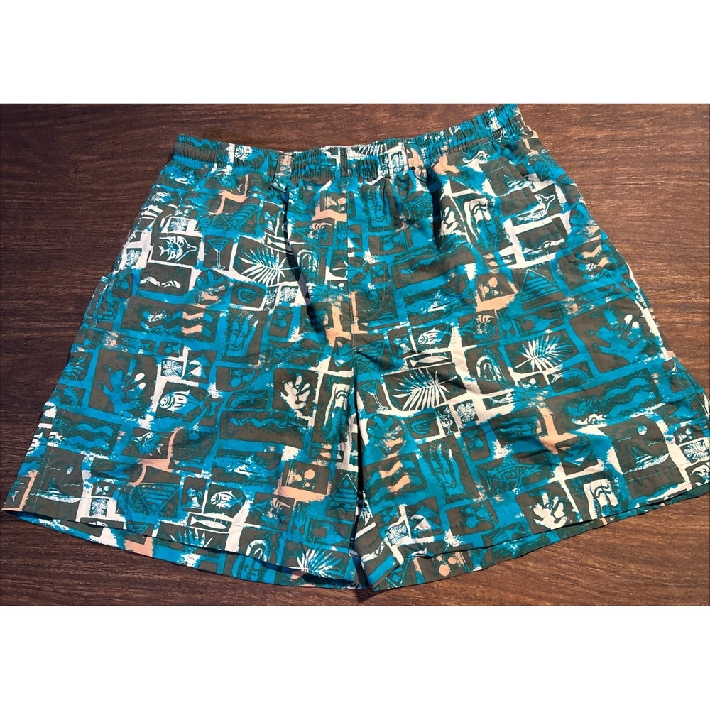 Columbia PFG Swim Trunks Mens Medium Tropical/Boat/Fish/Drinks Teal Print